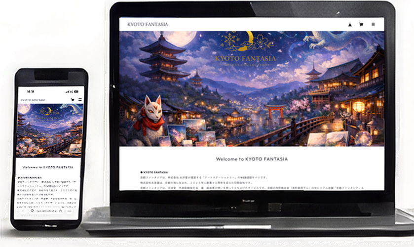 京都ファンタジアのオンラインショップを表示したパソコンとスマートフォン